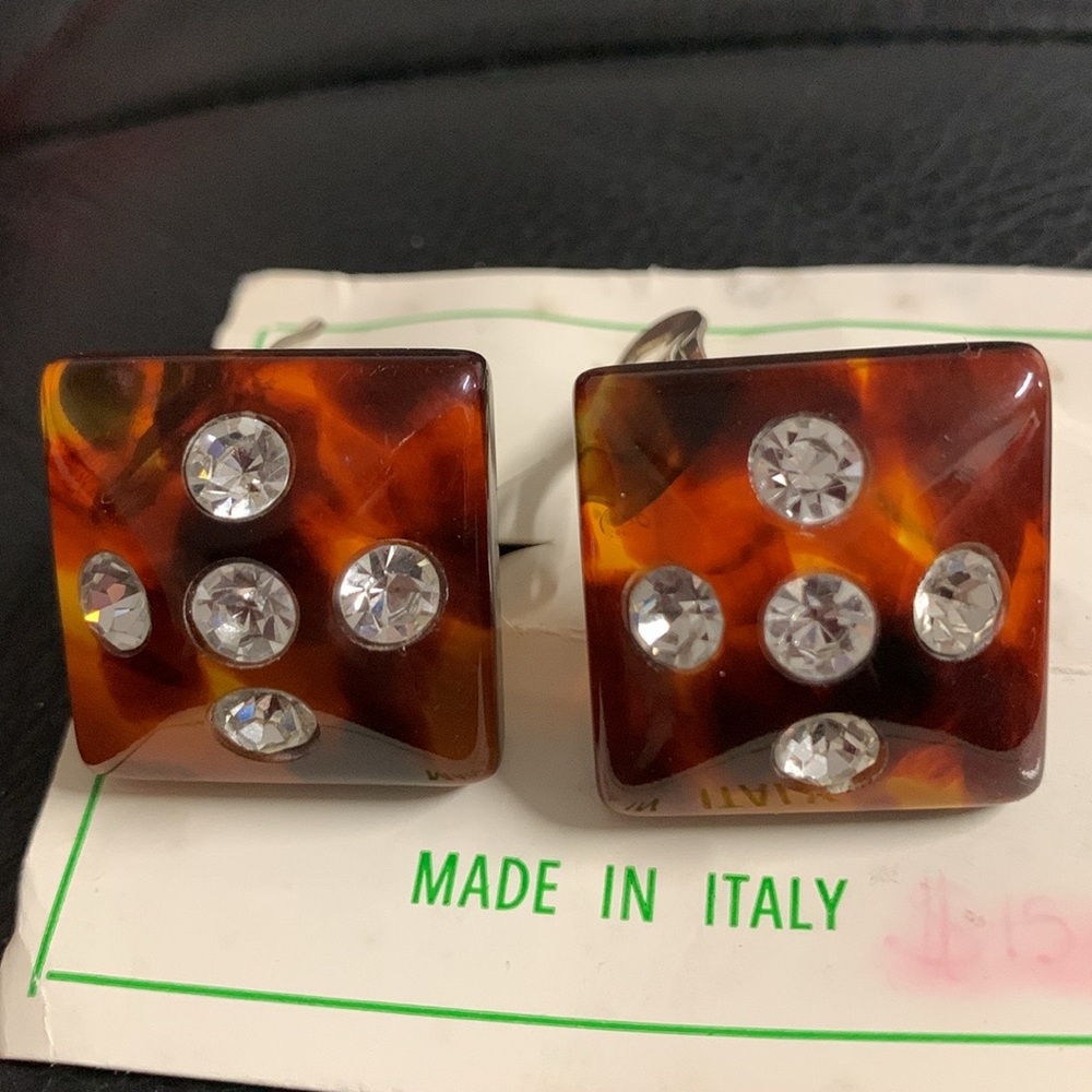 Vintage Bakelite Tortoiseshell Square Earrings with Swarovski Crystals